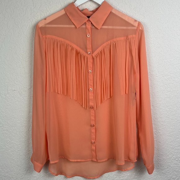 NWT BISOU BISOU Womens L Peach Semi Sheer Fringe Long Sleeve Button Down Shirt - Picture 3 of 7